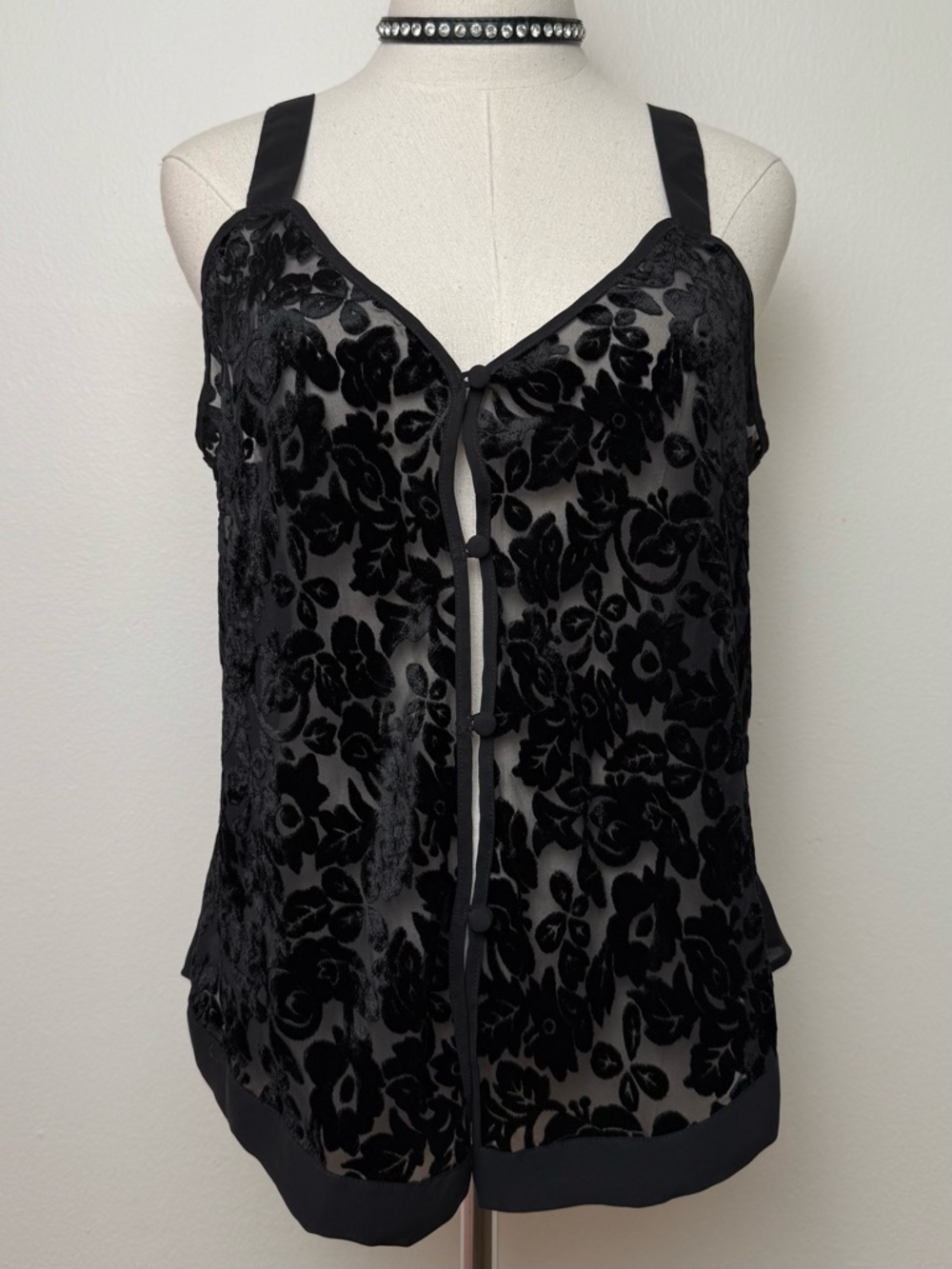Vintage 90s Delicates Black Burnout Velvet Lingerie Sheer Cami Camisole Top